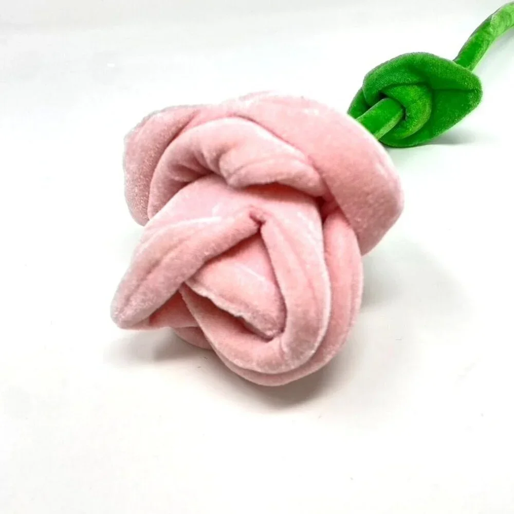 Velour Plush Pink Long Stem Rose Decor Valentines Gift Toy Pretend Play